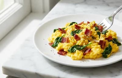 Three-Egg Scramble with Bacon and Spinach