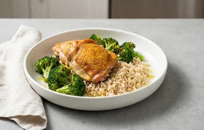 Sheet-Pan Chicken Thighs with Rice and Broccoli