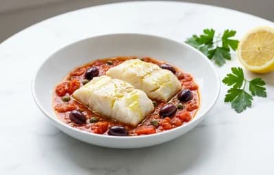 Cod with Tomato, Olive, and Caper Sauce