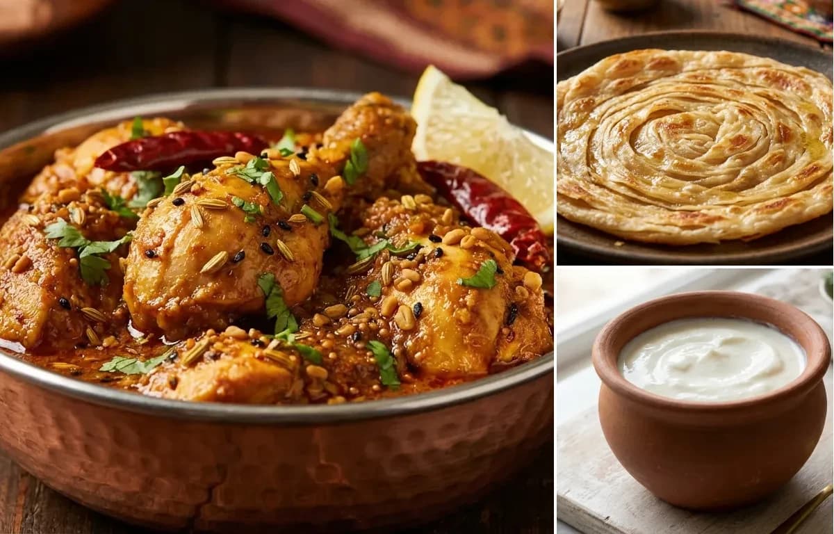 Achari Chicken, Laccha Paratha and Curd