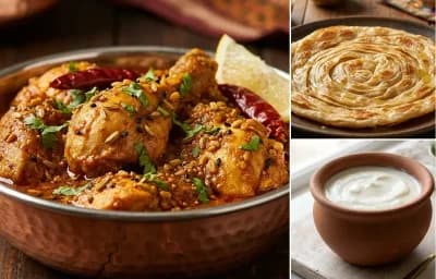 Achari Chicken, Laccha Paratha and Curd