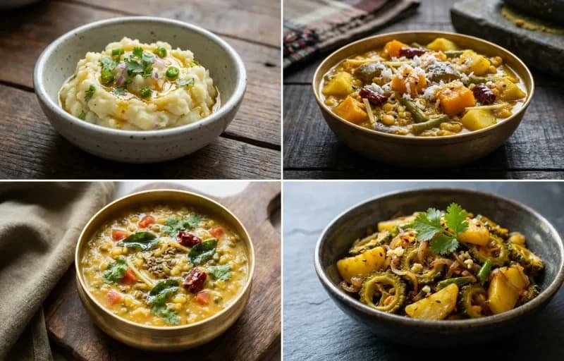Aloo Bhate, Ghanta Tarkari, Muga Dali and Kalara Bhaja