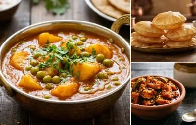 Aloo Matar Curry with Puri and Mango Pickle