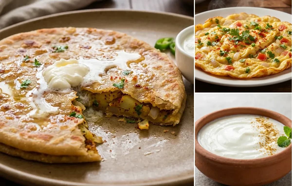 Aloo Paratha, Masala Omelette and Dahi