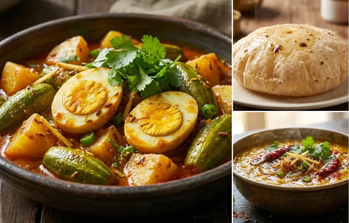 Aloo Parwal with Egg, Phulka and Dal Tadka