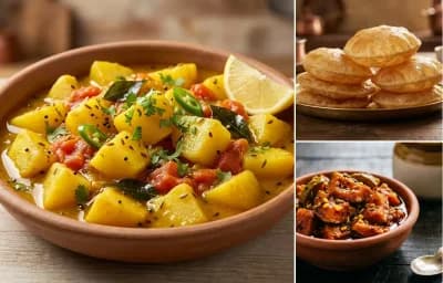 Aloo Shaak with Puri and Mango Pickle