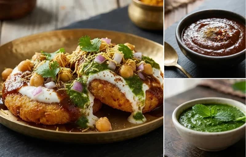 Aloo Tikki Chaat, Tamarind Chutney and Mint Chutney