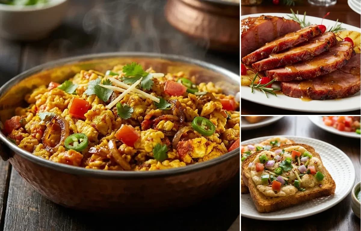 Anda Bhurji, Glazed Ham Slices and Suji Toast