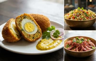 Anda Chop with Jhal Muri and Onion Salad