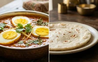 Anda Curry with Rice Bhakri