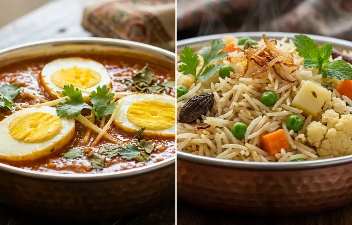 Anda Curry with Vegetable Yakhni Pulao