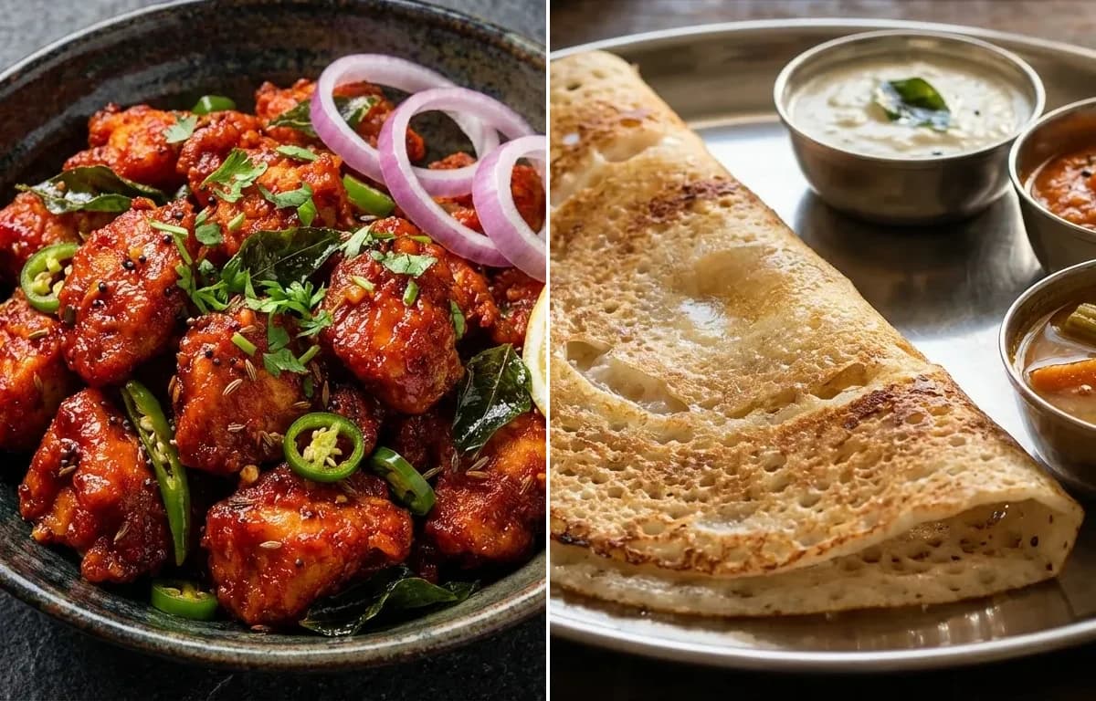 Andhra Chilli Chicken with Dosa