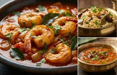 Andhra Prawn Curry with Ghee Rice and Tomato Rasam