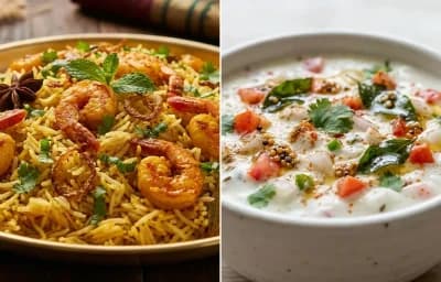 Andhra Prawn Pulao with Onion Tomato Raita