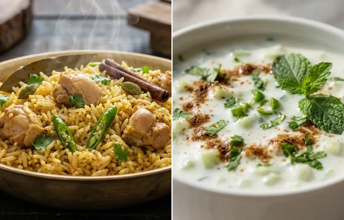 Assamese Chicken Pulao with Cucumber Raita