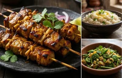 Assamese Pork Skewers with Bora Saul and Dhekia Xaak Bhaji