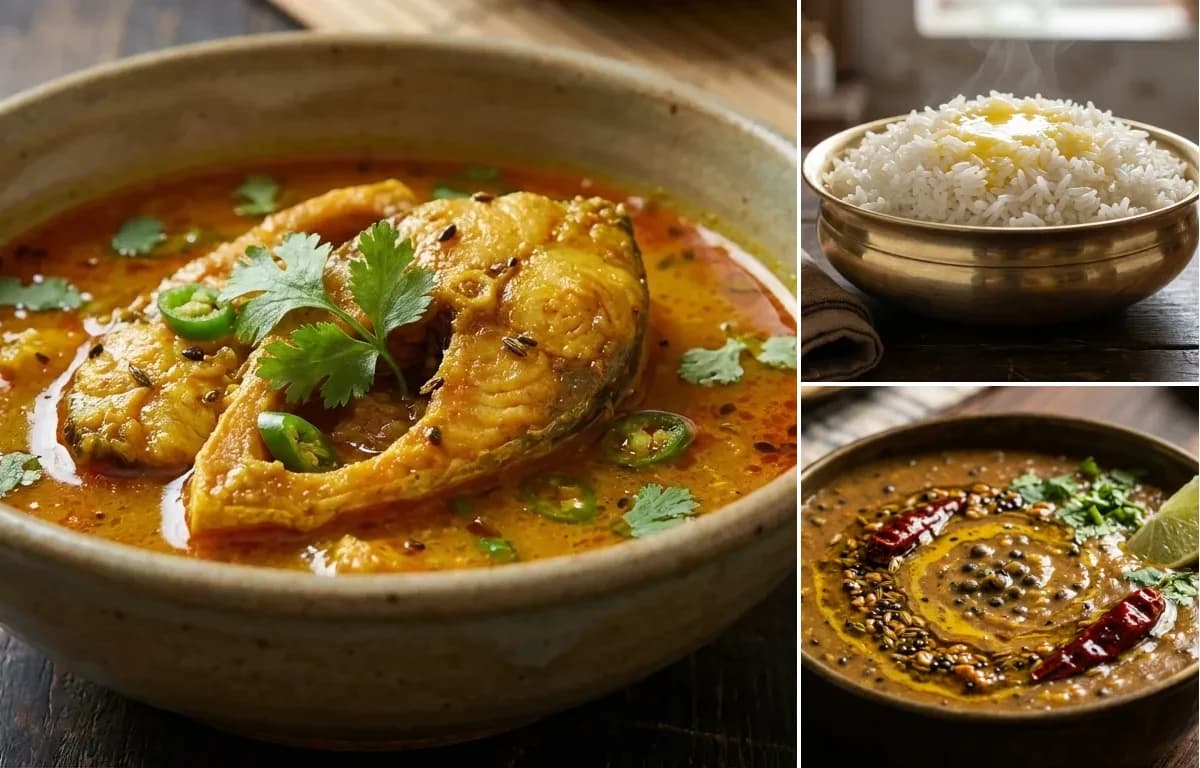 Assamese Sour Fish Curry, Joha Rice and Mati Dal