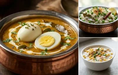 Awadhi Egg Curry with Matar Pulao and Boondi Raita