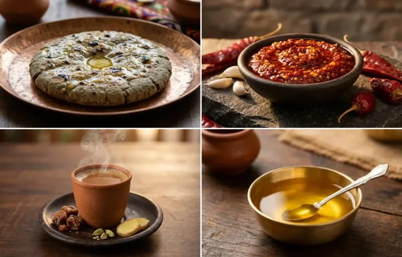 Bajra Roti, Lehsun Chutney, Gud Chai and Ghee