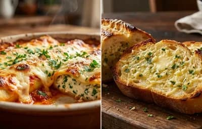 Baked Manicotti with Garlic Bread
