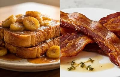 Bananas Foster French Toast with Pan-Fried Bacon