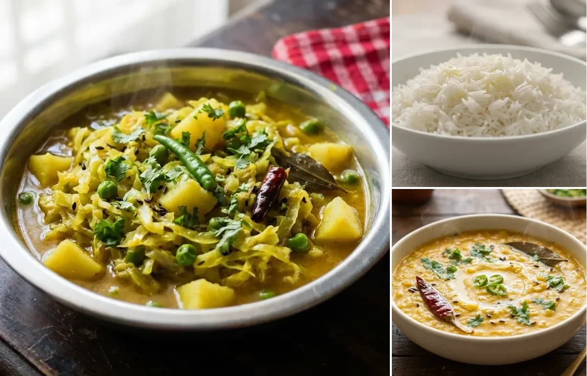 Bandhakopir Torkari, Steamed Basmati Rice and Motor Dal