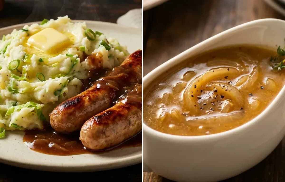 Bangers and Colcannon with Onion Gravy