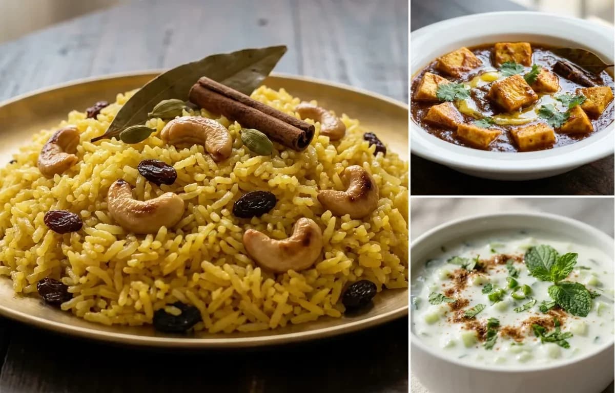 Basanti Pulao, Paneer Kosha and Cucumber Raita
