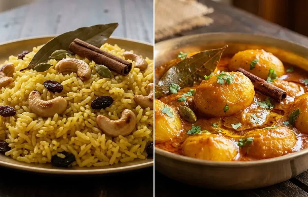 Basanti Pulao with Bengali Aloor Dum