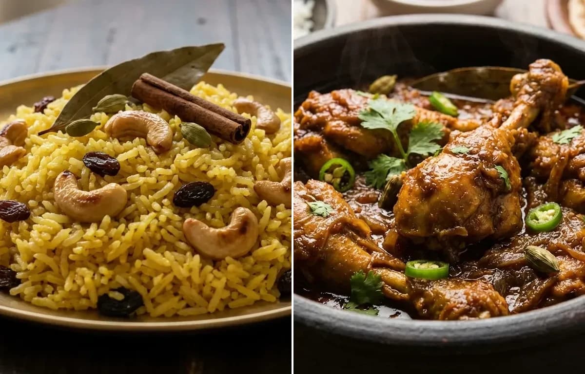 Basanti Pulao with Bengali Chicken Kosha