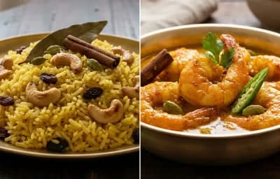 Basanti Pulao with Chingri Malaikari