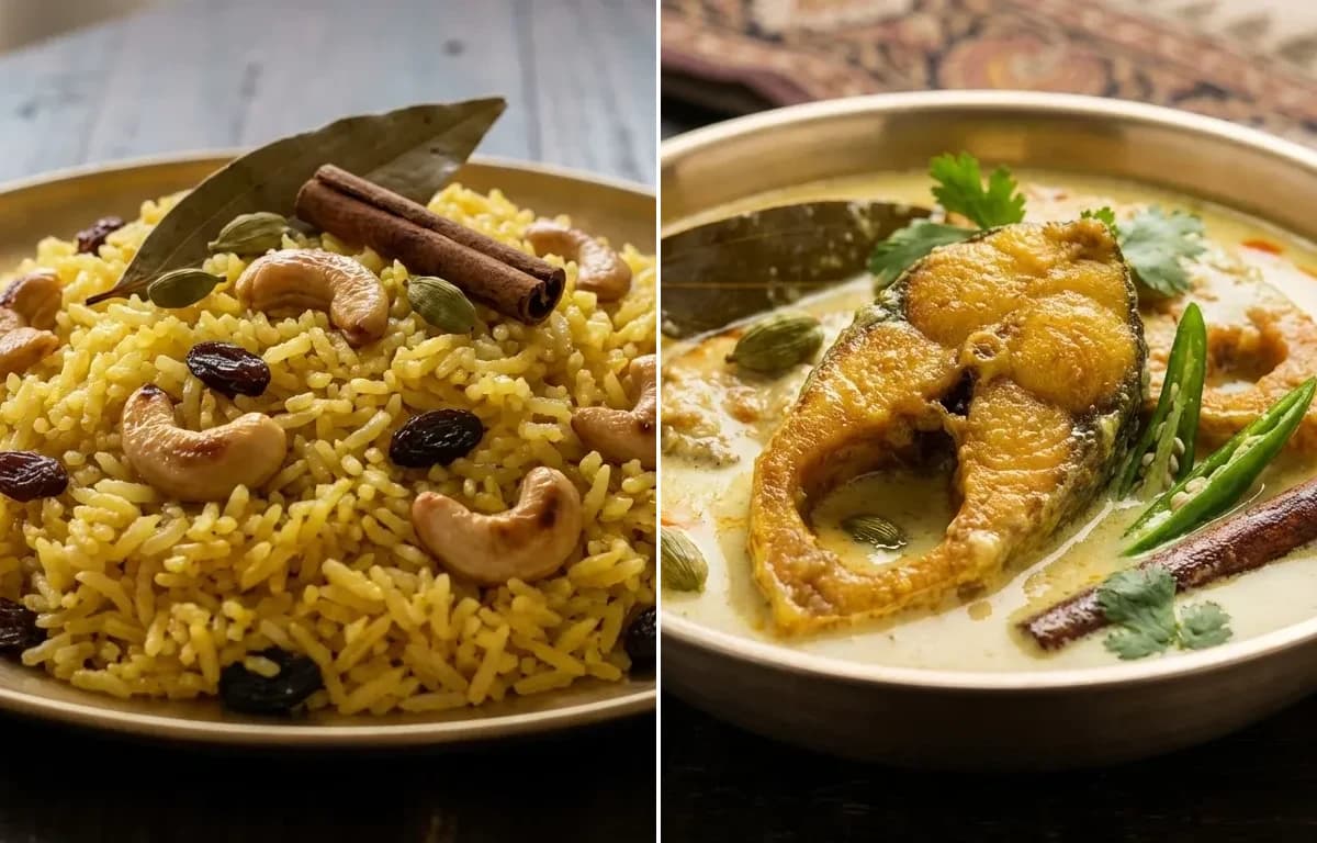 Basanti Pulao with Doi Maach