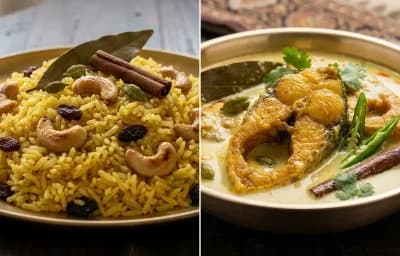 Basanti Pulao with Doi Maach