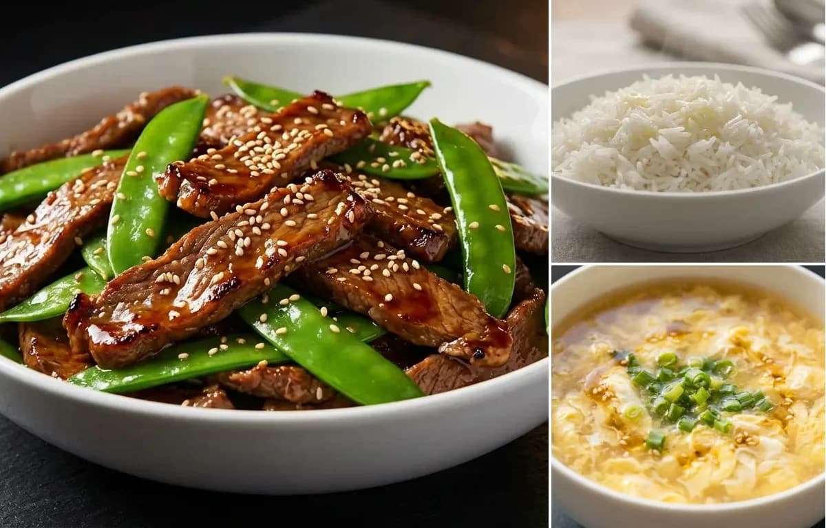 Beef with Snow Peas, Steamed Basmati Rice and Egg Drop Soup