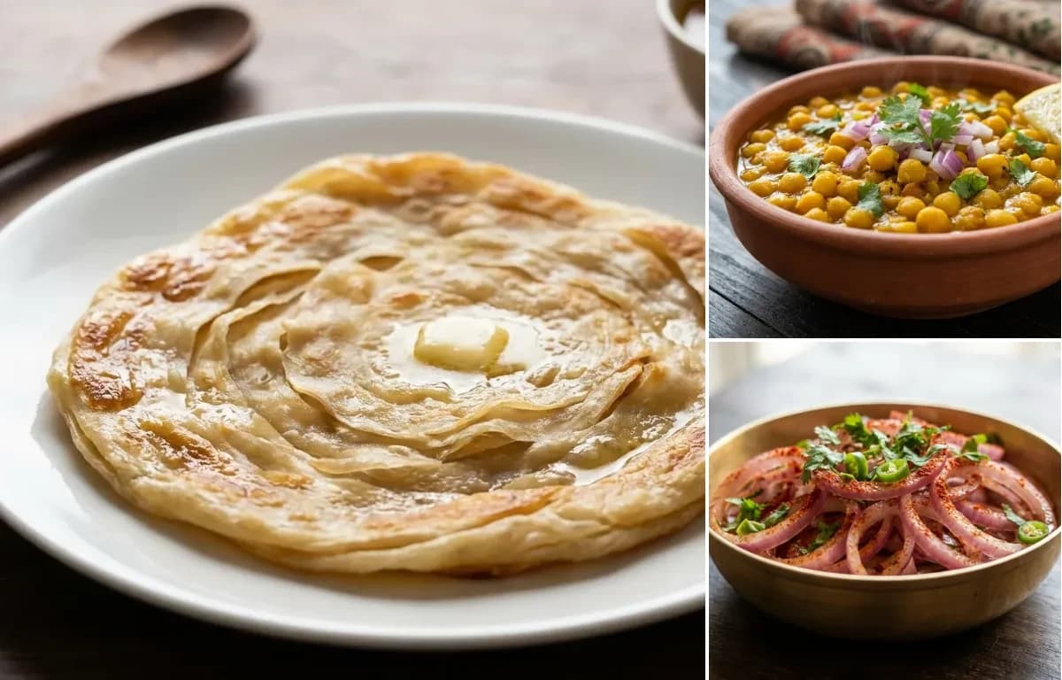 Bengali Porota, Ghugni and Onion Salad