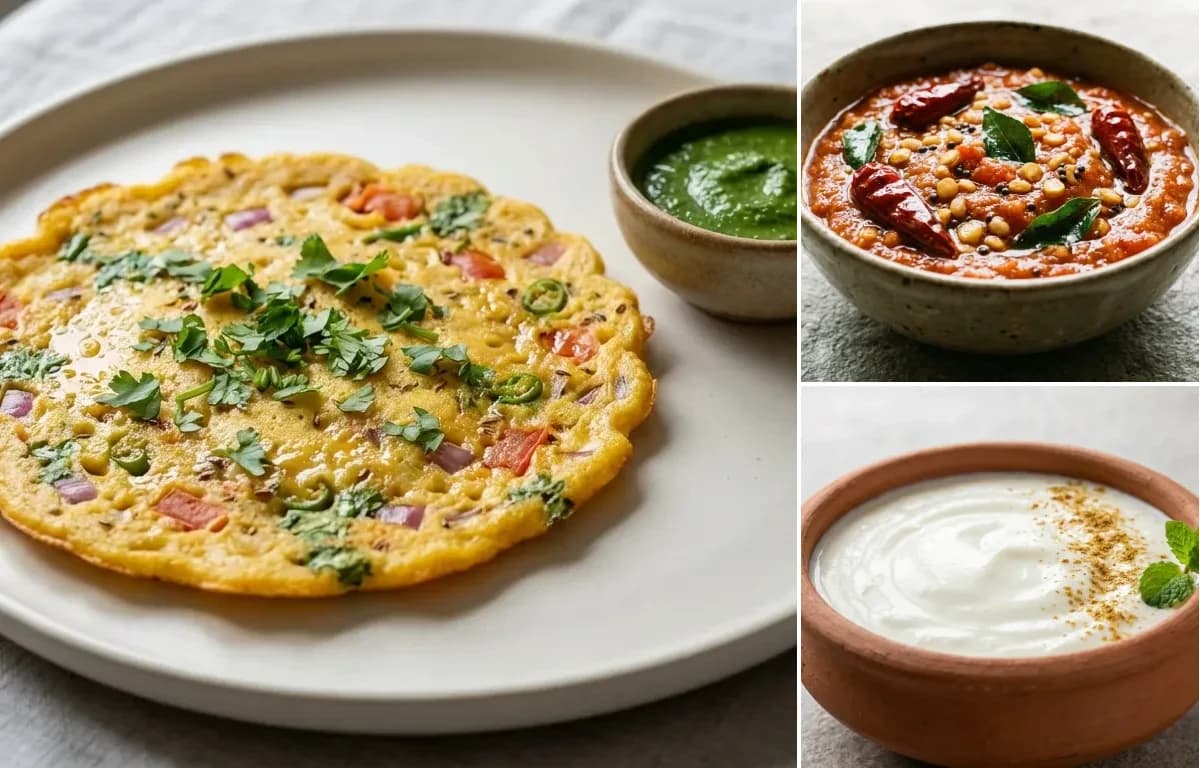 Besan Chilla, Tomato Chutney and Dahi