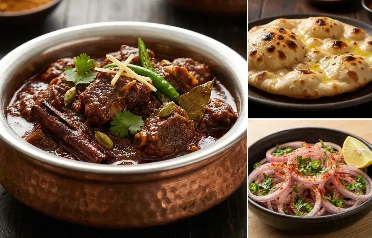 Bhuna Gosht, Khamiri Roti and Laccha Onion Salad