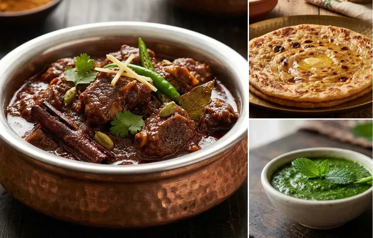 Bhuna Gosht, Tawa Paratha and Mint Chutney