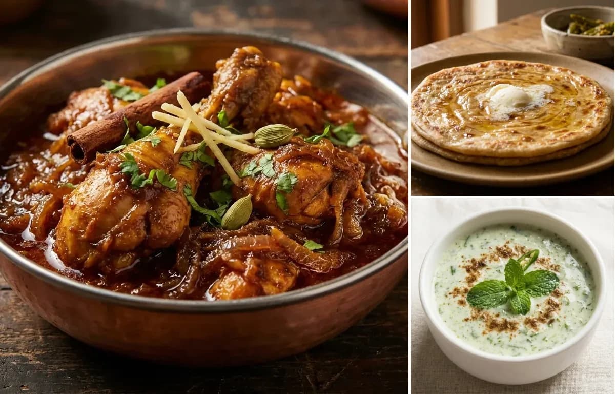 Bhuna Kukda, Paratha and Mint Raita