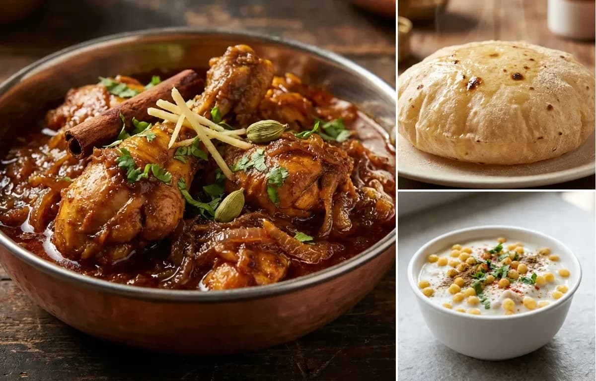 Bhuna Kukda, Phulka and Boondi Raita