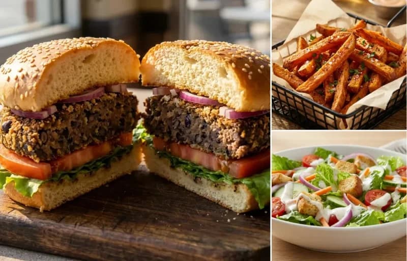 Black Bean Burgers, Sweet Potato Fries and Side Salad