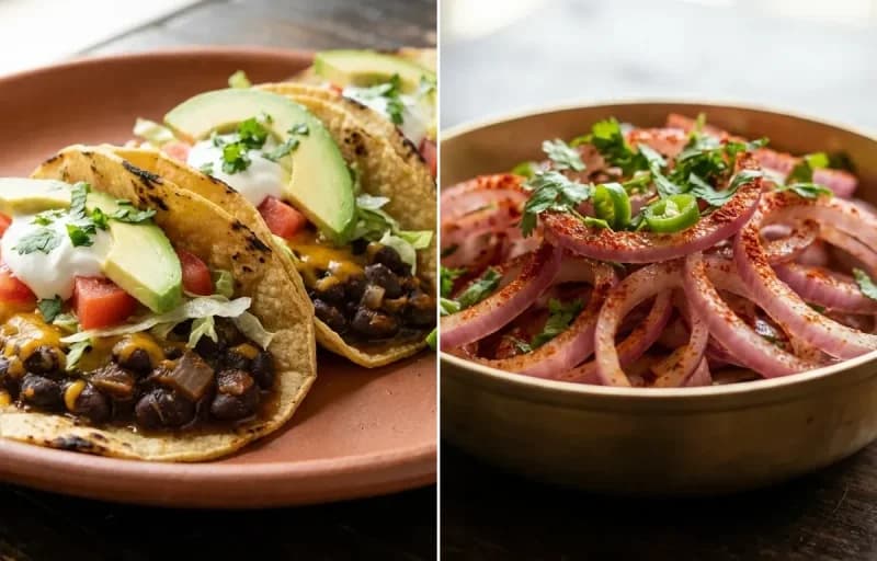 Black Bean Tacos with Onion Salad and Greek Yogurt