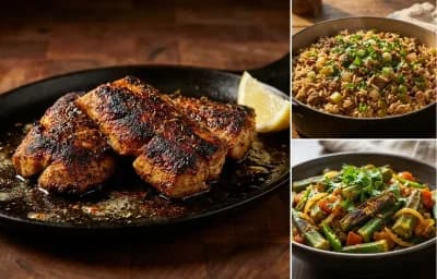 Blackened Alligator with Dirty Rice and Bhindi Fry