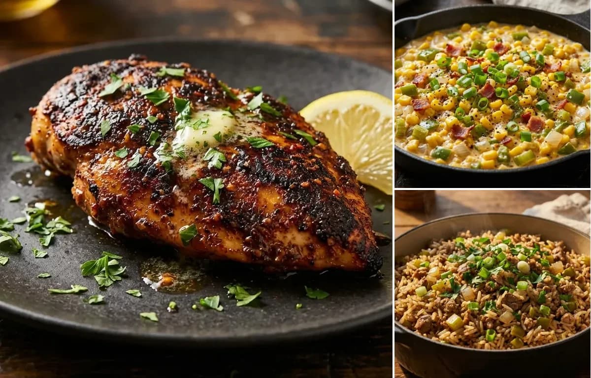 Blackened Chicken, Cajun Maque Choux and Dirty Rice