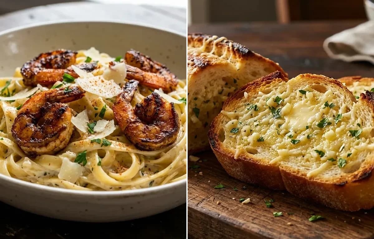 Blackened Shrimp Alfredo with Garlic Bread