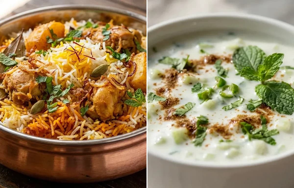 Bohri Chicken Biryani with Cucumber Raita