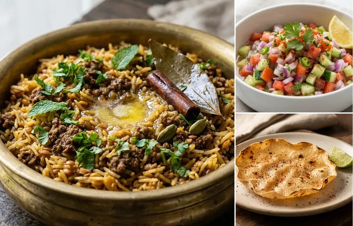 Bohri Keema Khichdi, Kachumber Salad and Roasted Papad