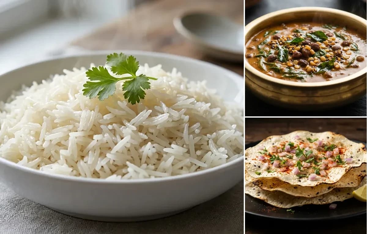 Boiled Rice, Basale Soppu Gassi and Urad Dal Papad