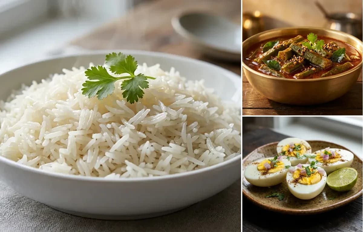 Boiled Rice, Bendekai Puli Koddel and Hard Boiled Eggs