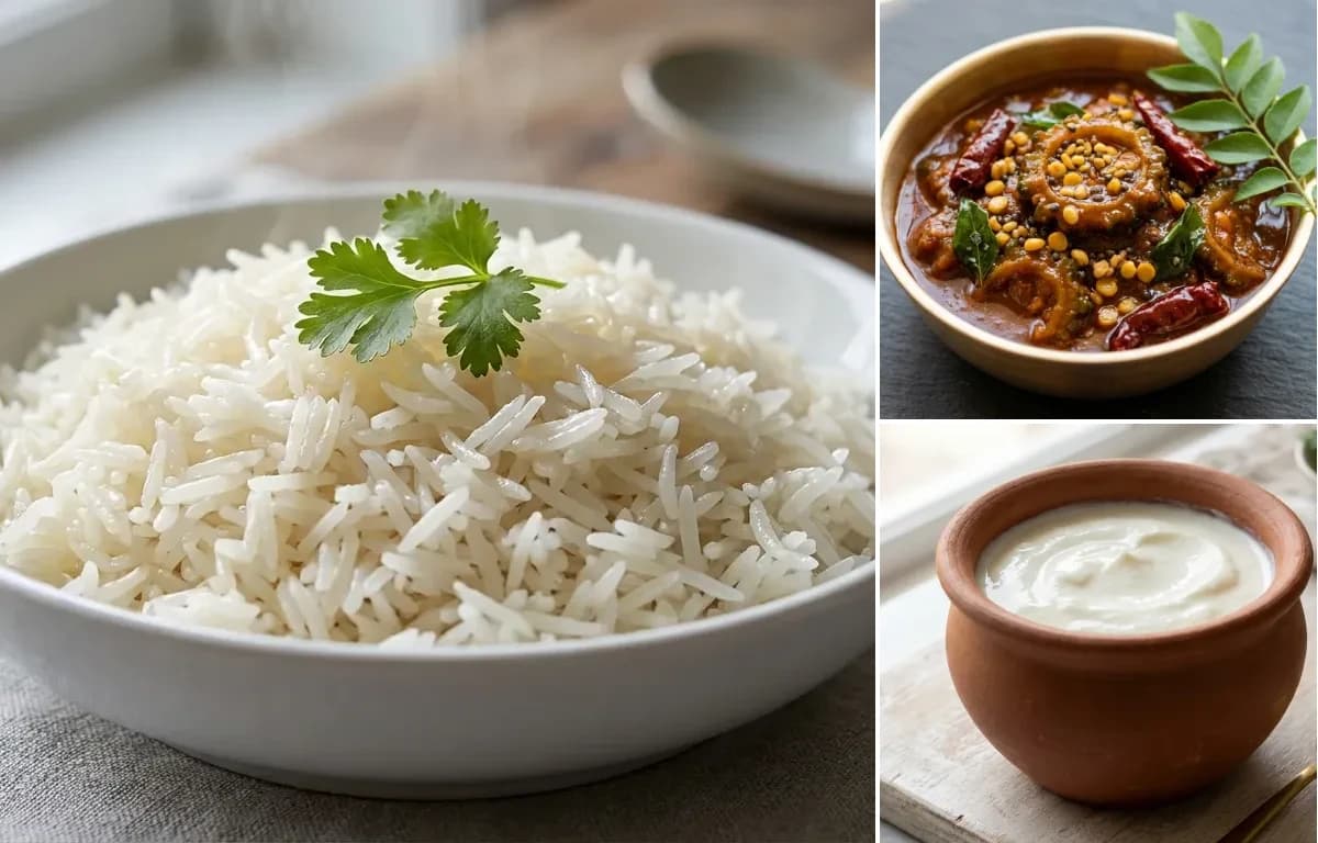 Boiled Rice, Hagalakayi Gojju and Curd